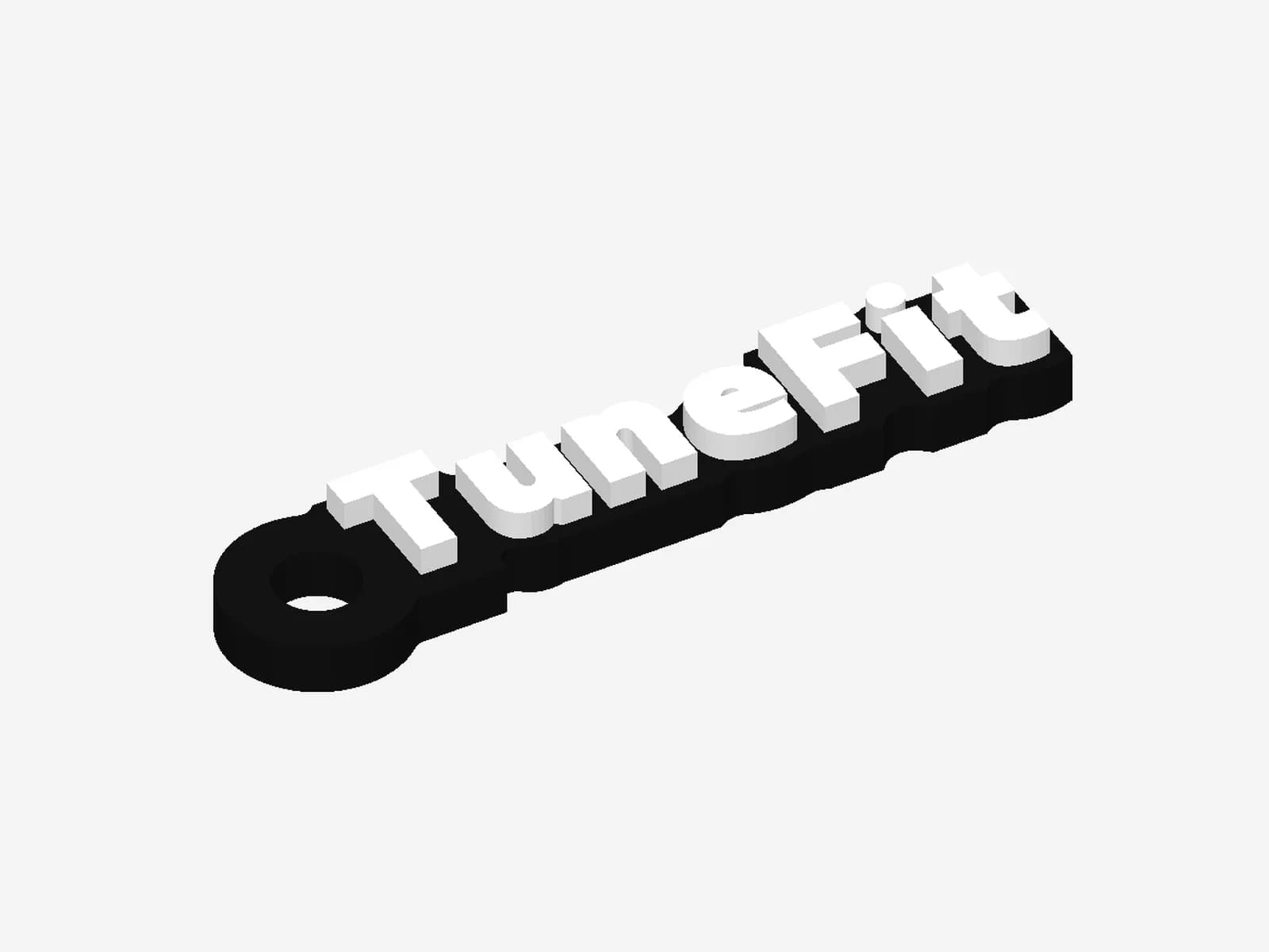 고리가 달린 TuneFit 로고 키링 렌더. 검은 받침 위에 흰 글자가 양각되어 있다.