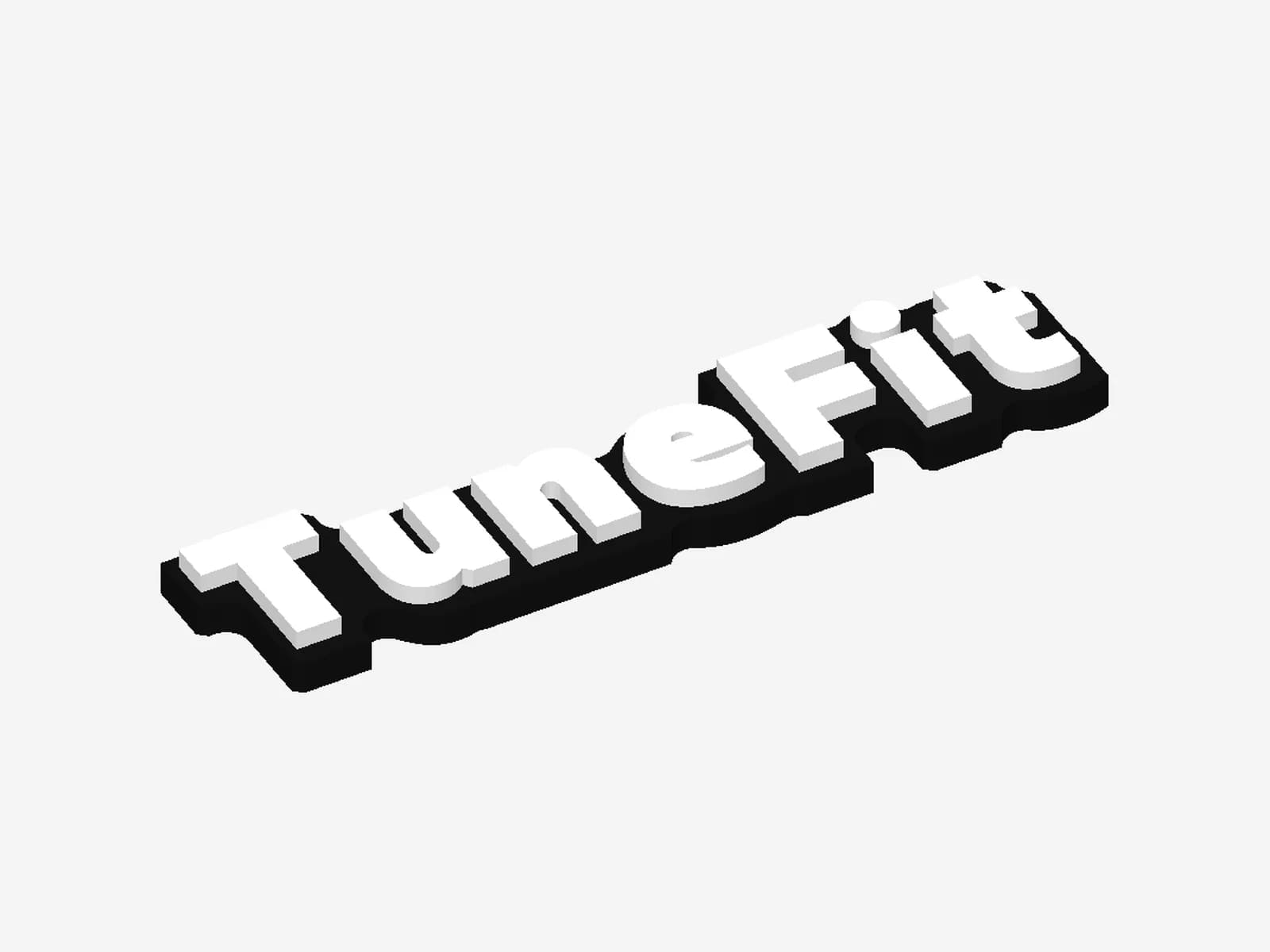 검은 받침 위에 흰색 TuneFit 글자가 양각된 로고 플레이트 렌더